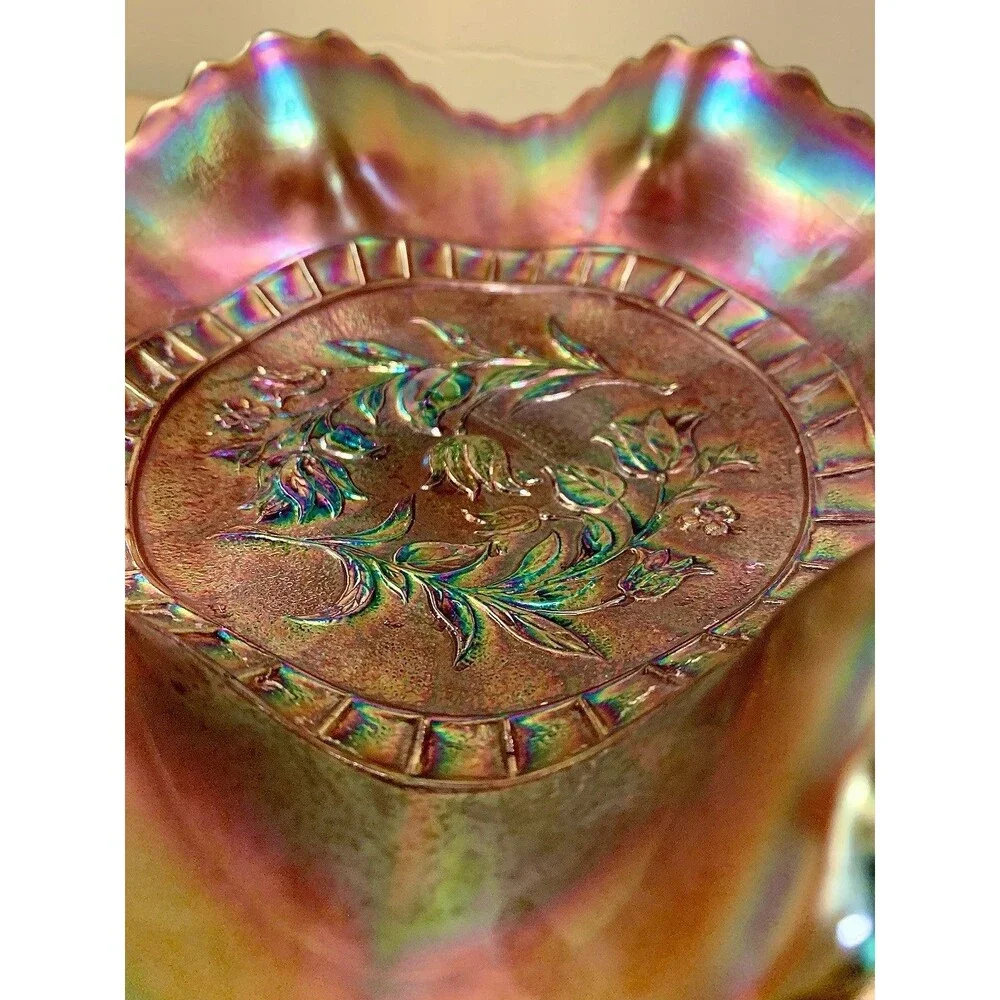 Antique Dugan Amethyst Windflower Iridescent Carnival Glass Ruffled Bowl 8